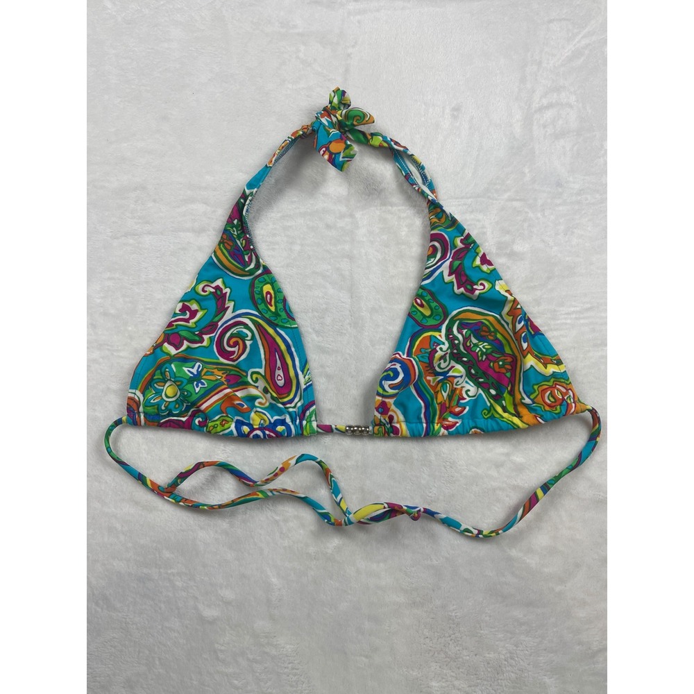Ralph Lauren Womens Paisley Triangle Bikini Top Blue Multi Color Beaded Size M